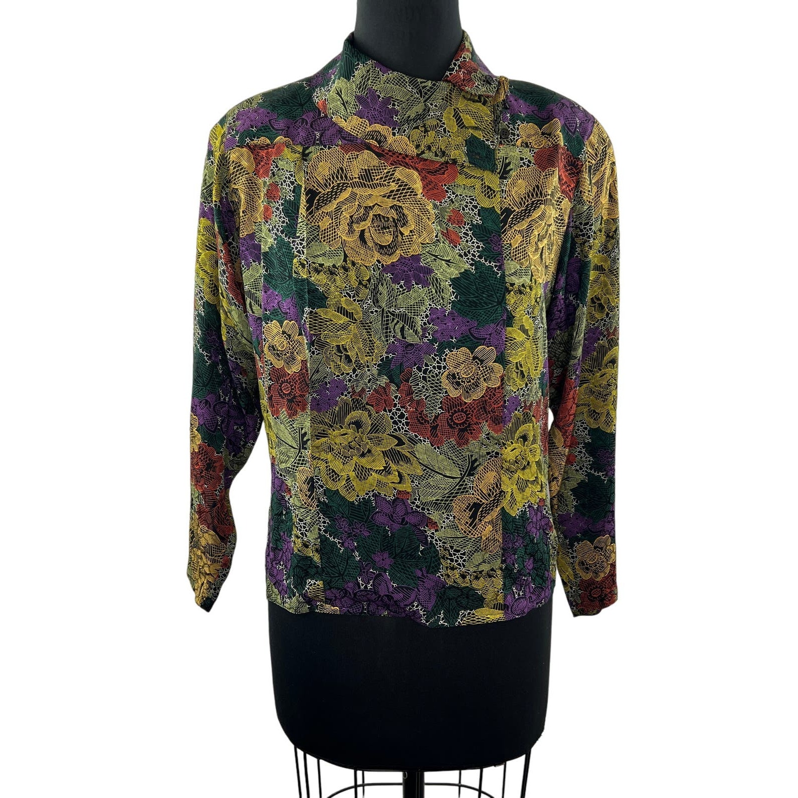 VINTAGE Michi Moon Sanyo Multicolor Shirt Floral Silk Long Sleeve Mock Neck 4