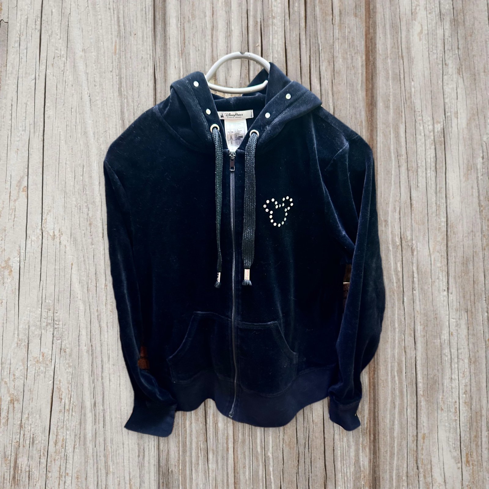 Disney Black Velour Zip-Up Hoodie with Rhinestone Detail Size L