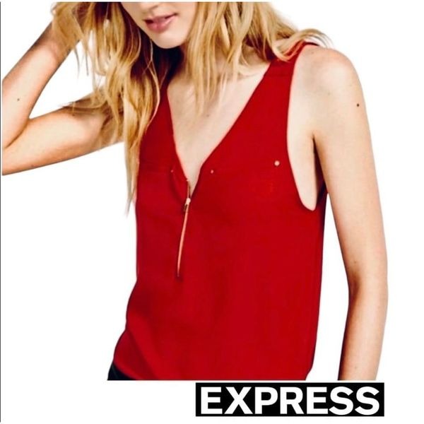 Express Sleeveless Red Sheer Hudson Quarter Zip Dressy Tank Top Blouse