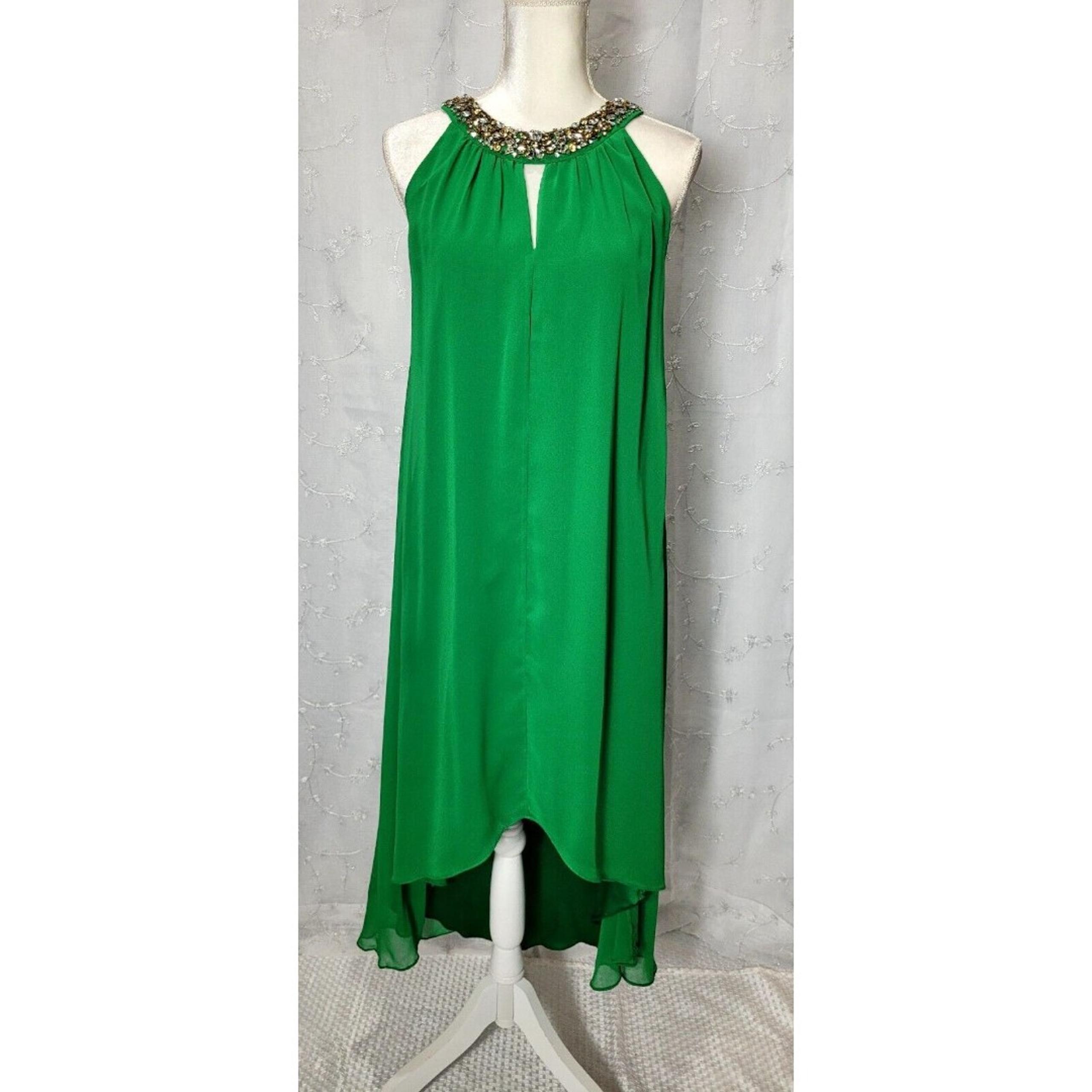 Vince Camuto Green High Low Dress Sheer Chiffon Embellished Halter Women's 4