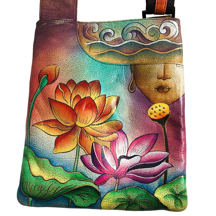 Anuschka LIKE NEW Handpainted Leather Cross Body Bag Woman's Face Floral
