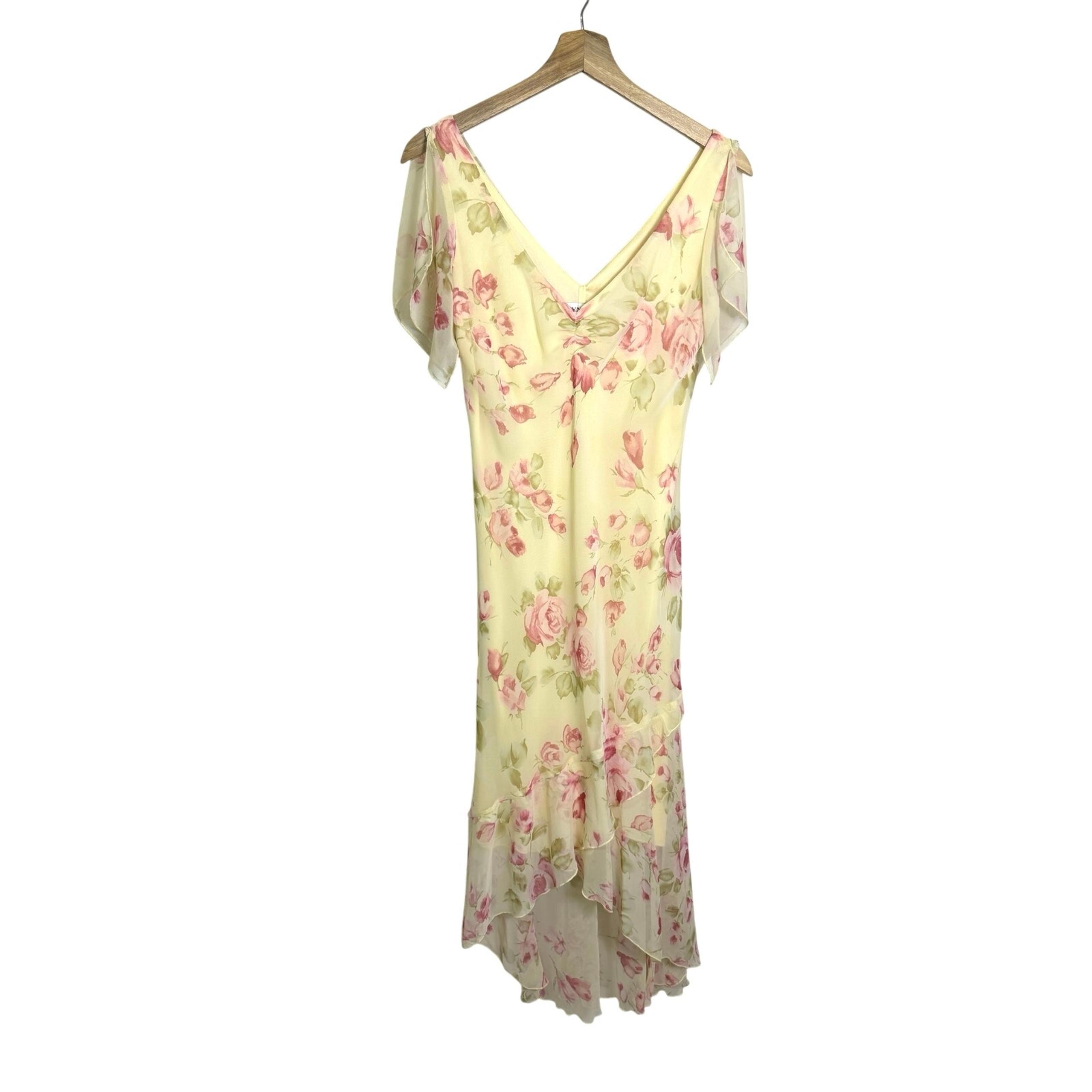 Vintage Alan Paige Dress Yellow Pink Floral Midi Flutter Made in USA Sz 6