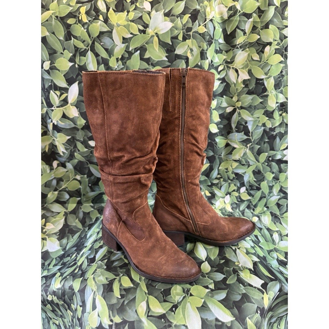 Born Mid-Calf Slouch Boots Women's 7.5M Rust Distressed Suede Leather & Zipper.