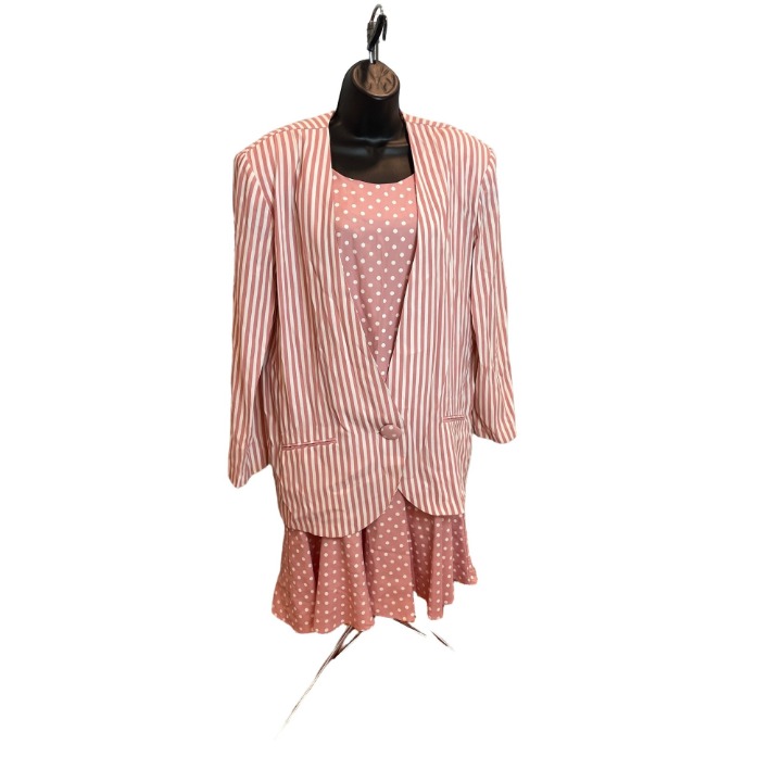 Vintage 80s BGB Ltd.Pink Polka Dot Dropped Waist Dress Oversized Jacket Set