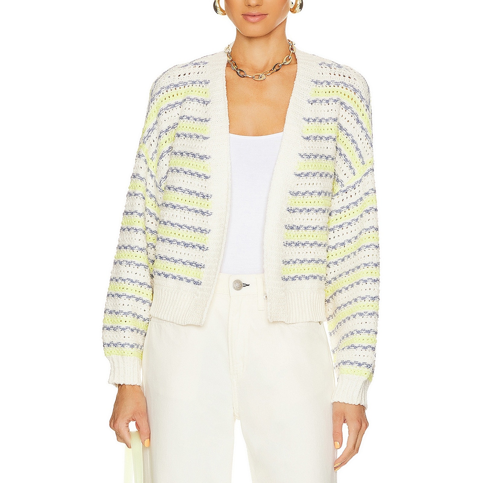 525 White Crimped Mixed Crochet Cardigan Size L
