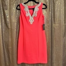 Vince Camuto Neon Pink Coral Gold Embroidered Summer Mini Dress Size 4 NWT
