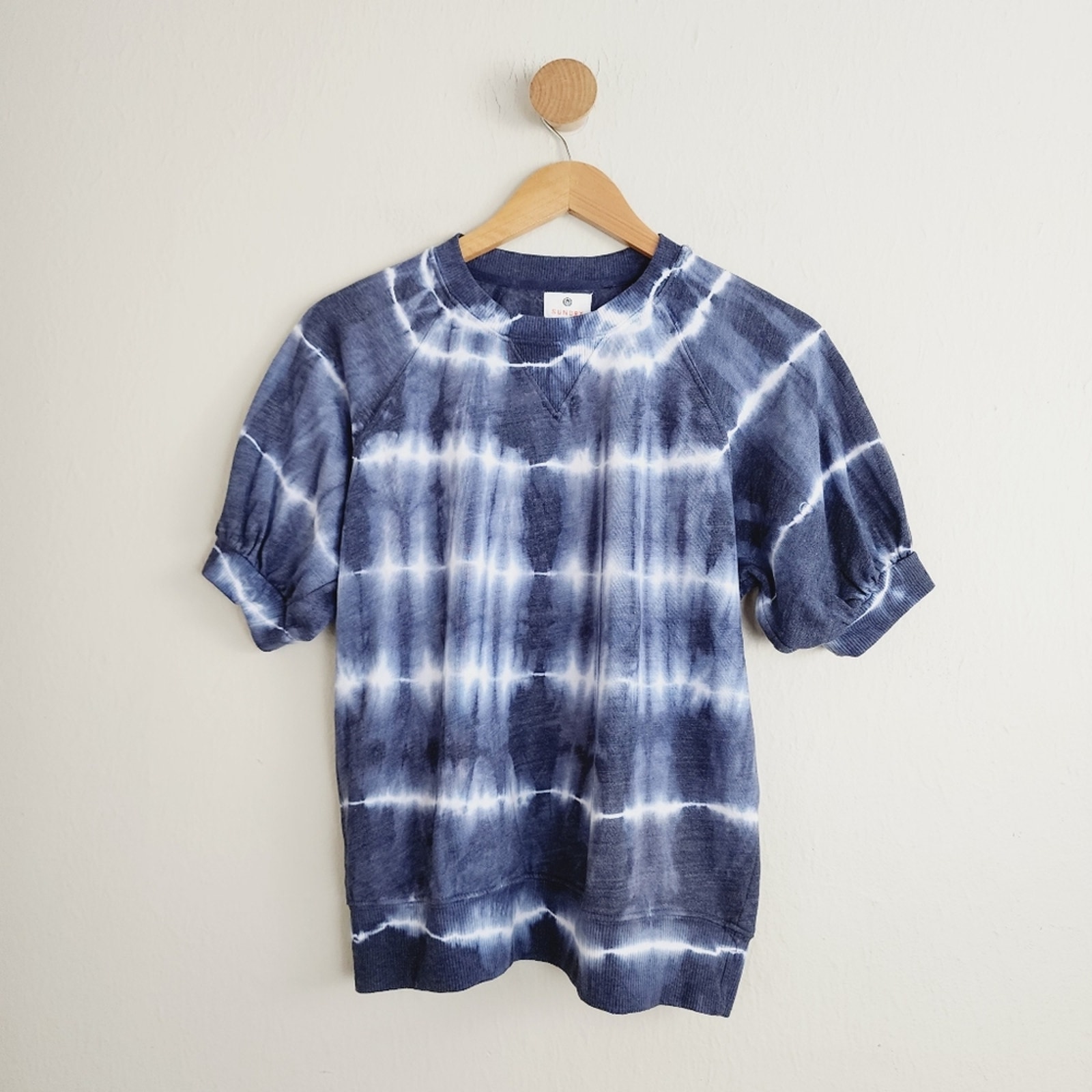 NWT Sundry Puff Sleeve Navy Blue White Tie Dye Sweatshirt