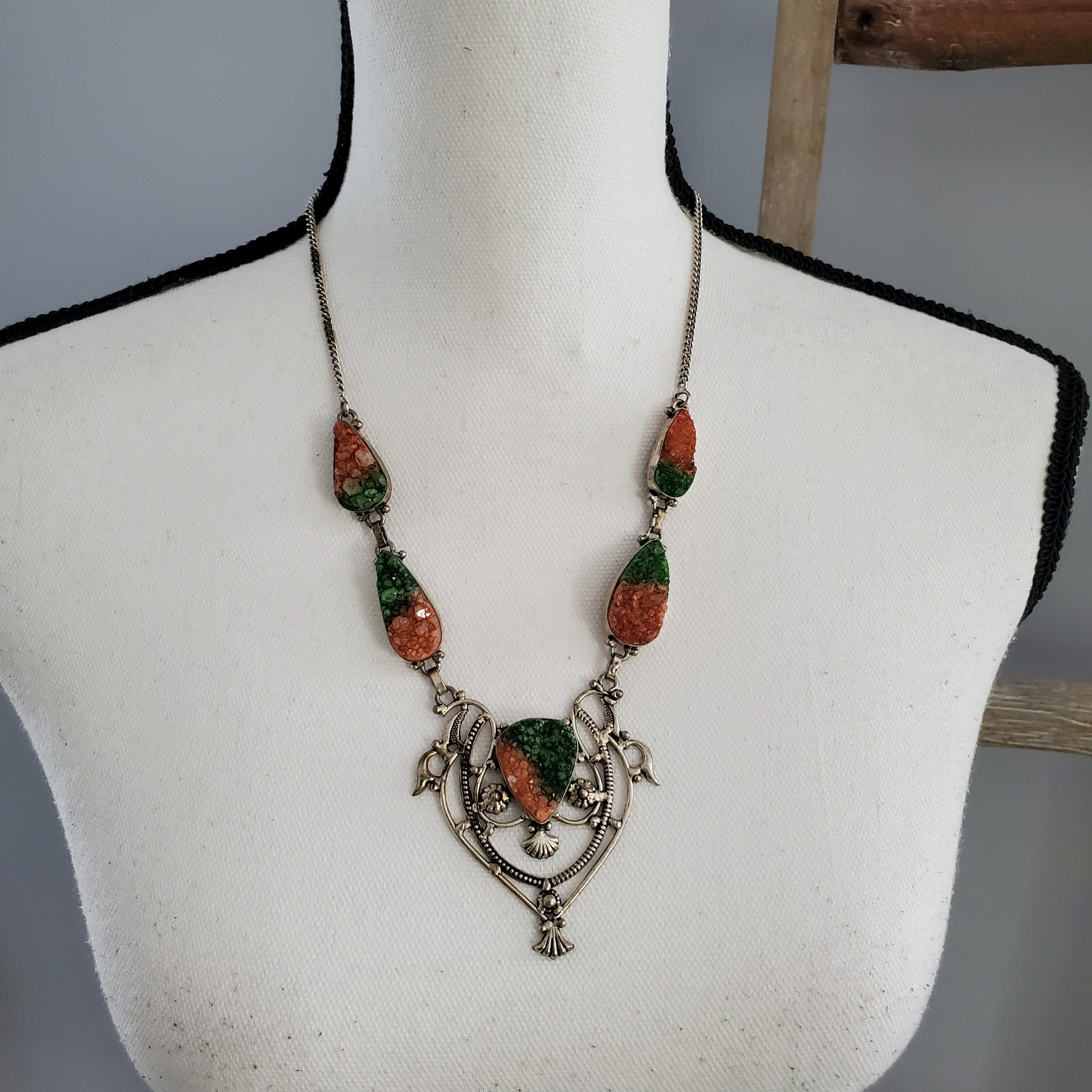 Vintage Sterling Silver Pink Green Stone Pendant Necklace