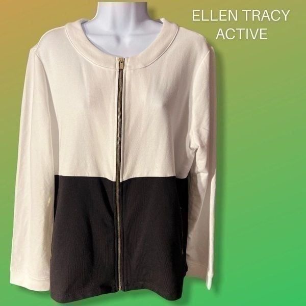 NWT EllenTracy Active Black&White Zip up Jacket XL Color Block Jewel Neck
