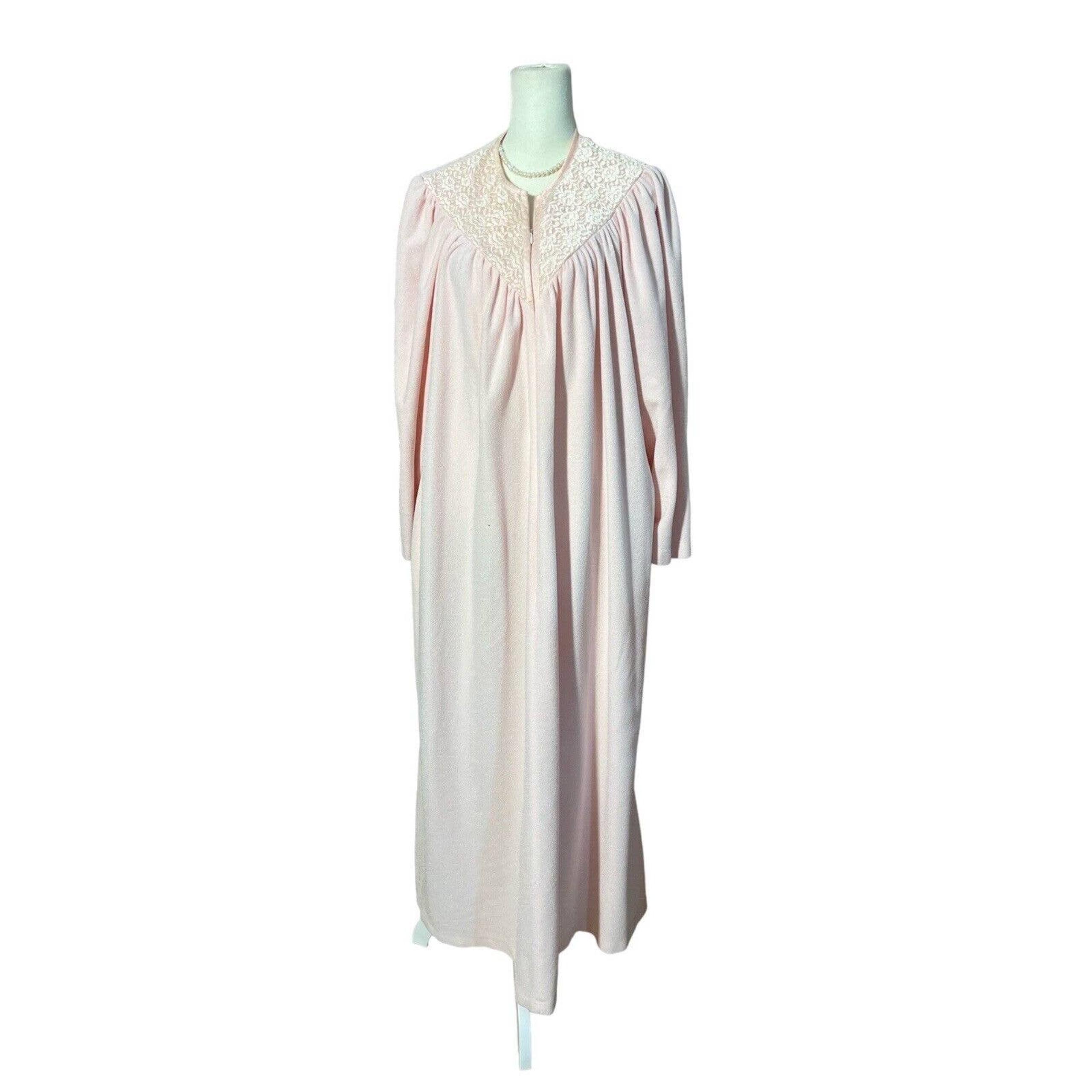 Vanity Fair Women's Pink Fleece Embroidered Duster Robe Zip Housecoat Large