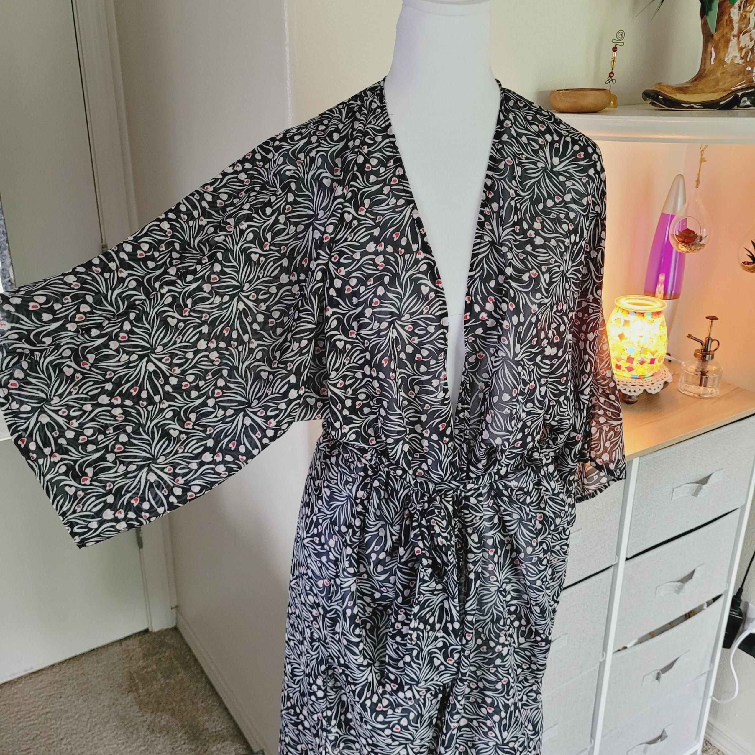 Sonoma women's sheer medium large blue pink ditsy floral kimono robe flowy cover