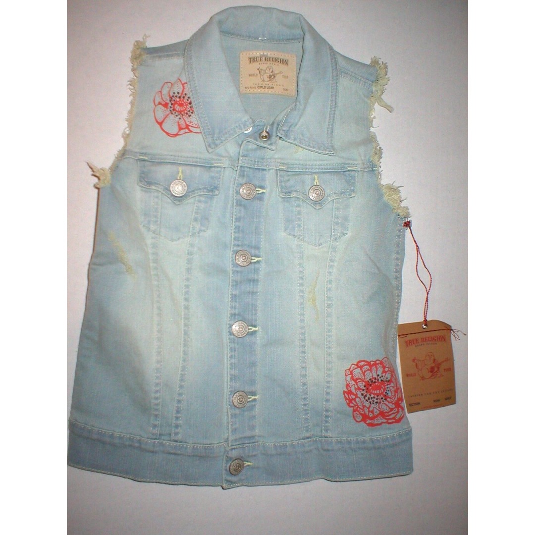 New Girls NWT 128 True Religion Brand Jeans XS Denim Vest Light Blue Red Flower