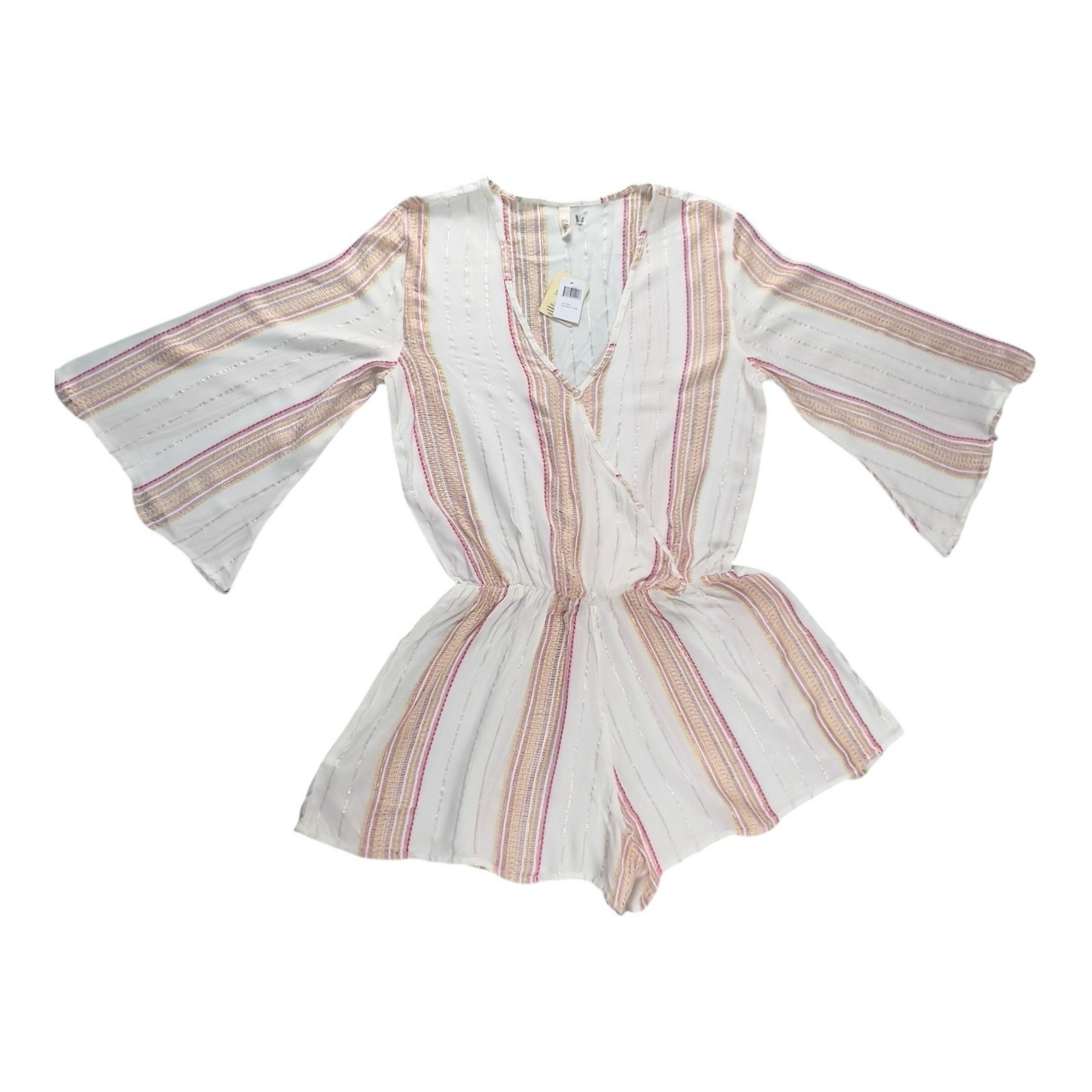 Elan Faux Wrap Mini Romper 3/4 Sleeve Multi Stripe Metallic Thread Large Viscose