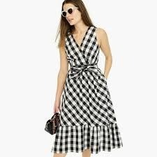 J. Crew Sleeveless faux-wrap dress in gingham cotton poplin sixe 2 black white