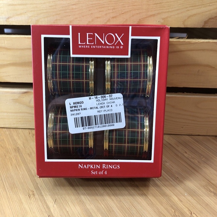 LENOX Set 4 Holiday Nouveau CHRISTMAS Design NAPKIN RINGS Plaid Gold Green NEW
