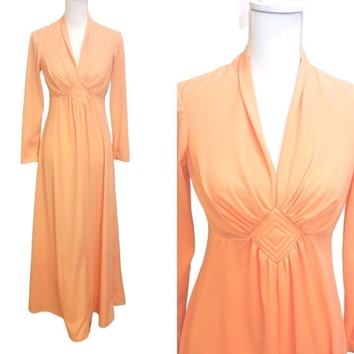 Vintage 70s Peach Orange Longsleeve V-neck Hostess Maxi Dress Long Sz S FLAW