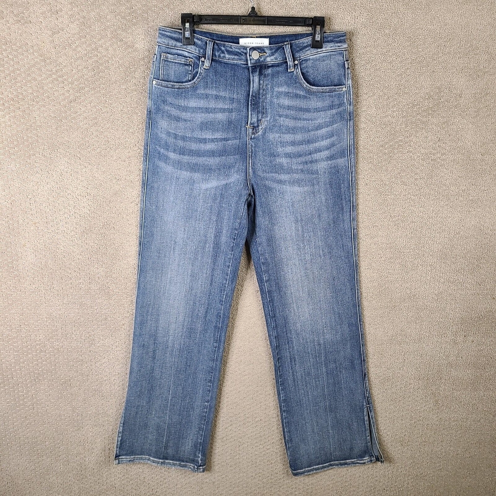 Risen Jeans Womens 15/32 Blue Wide Leg Flare High Rise Slit Denim Stretch