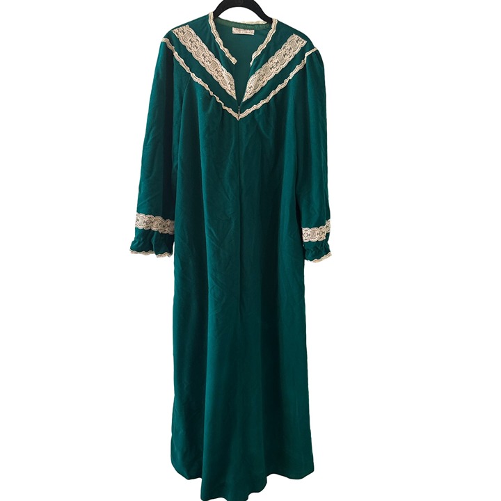 Vintage 80s Vassarette Teal Nightgown Housecoat Lace Trim & Long Sleeves Size M