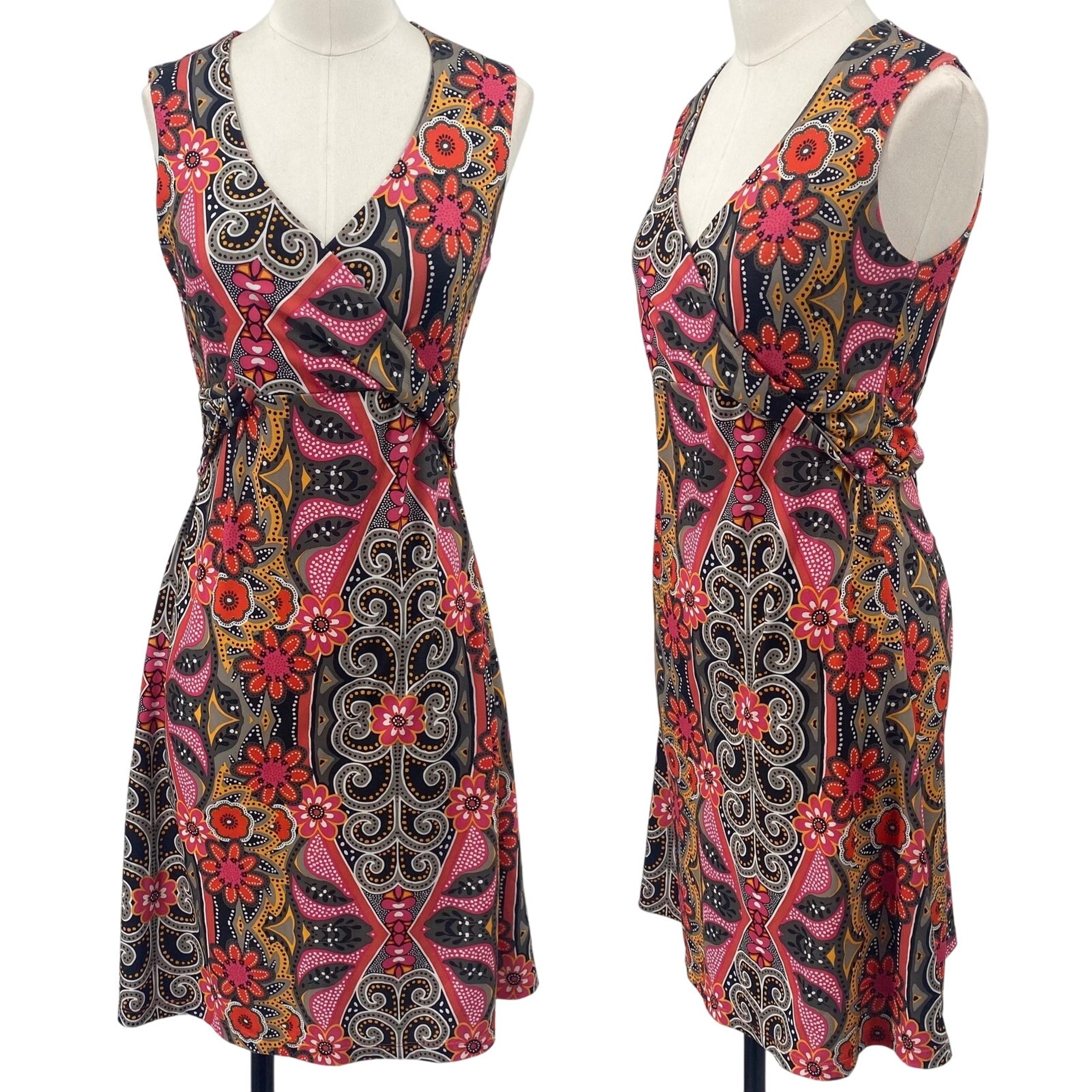 Prana Abstract Floral Print Jersey Knit Mini Dress Faux Wrap V Neck Surplice M