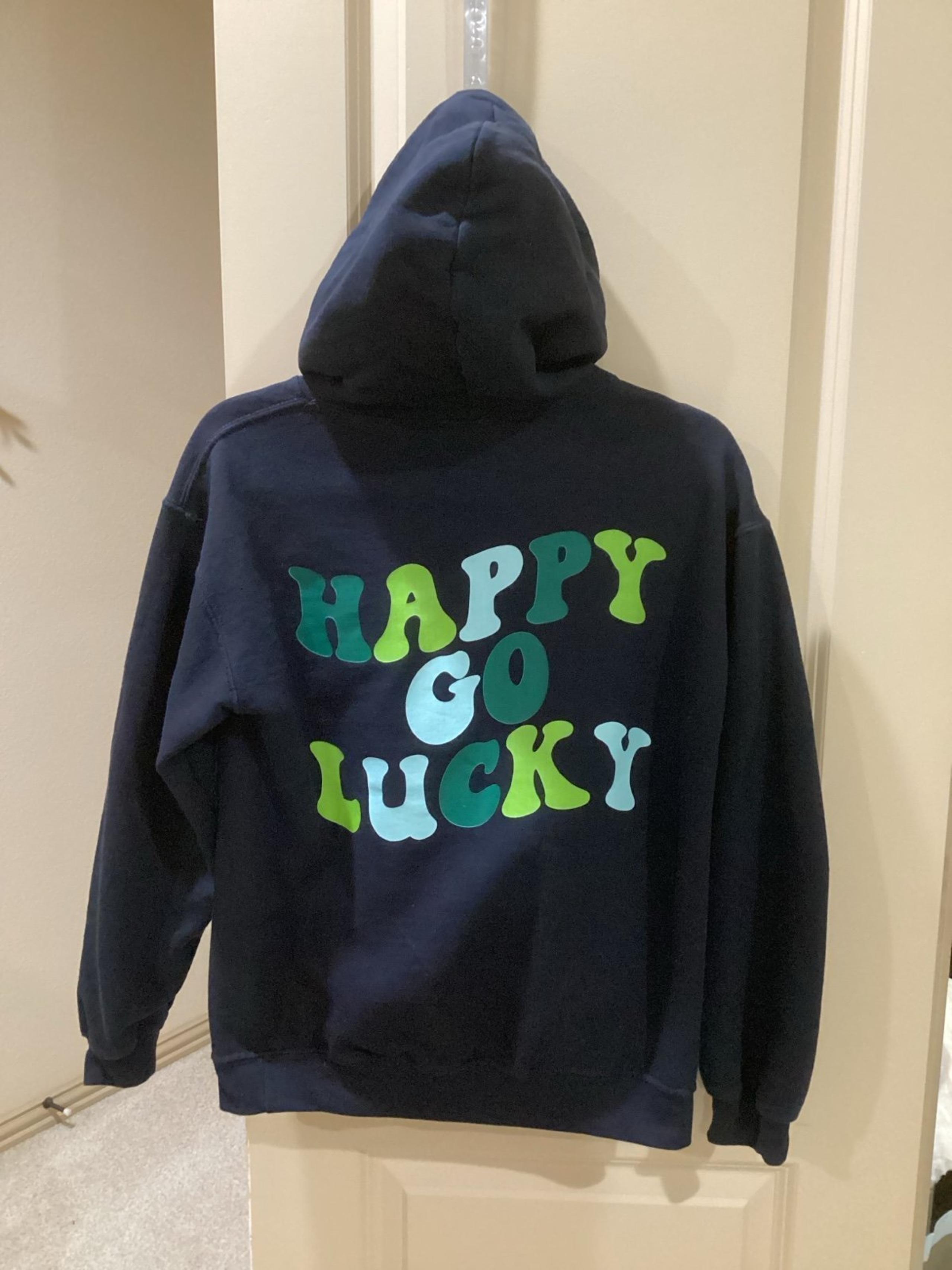 Women’s Black “Happy Go Lucky” Hoodie Pullover Sweatshirt Size S