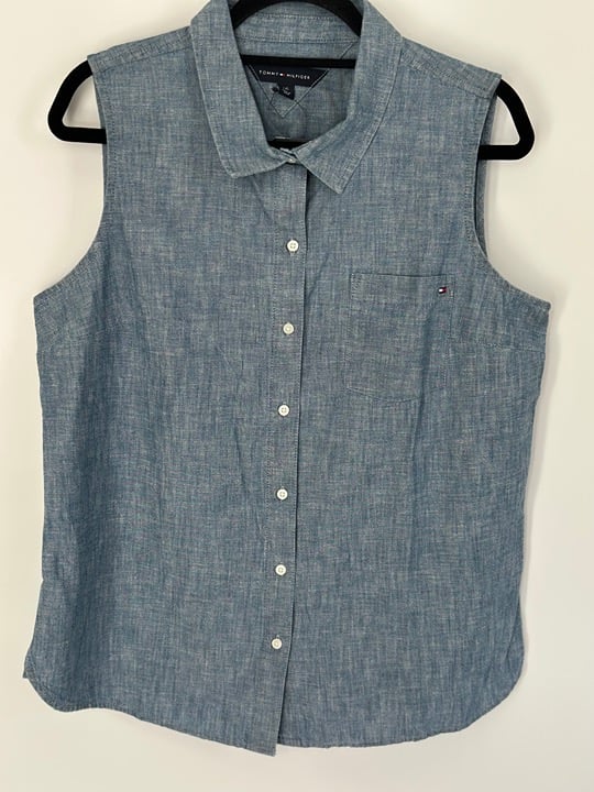 NWT TOMMY HILFIGER COTTON SLEEVELESS DENIM SHIRT WOMENS SIZE L