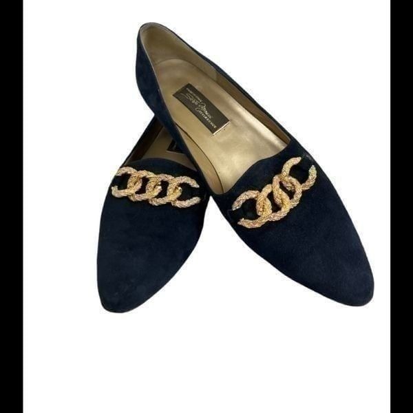 Sesto Meucci Suede Slip-on Flats with Gold Linked Embellishments Sz 9N Pre-Owned