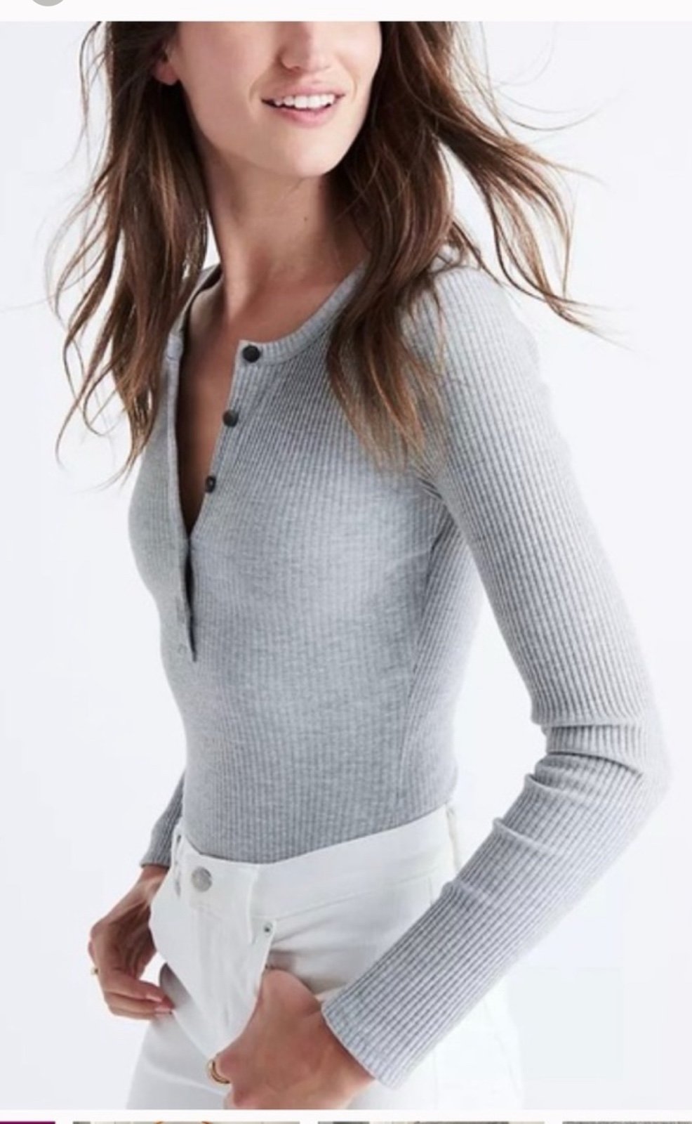 Madewell Heather Grey Long Sleeve Ribbed Henley Thong Bodysuit Size Medium