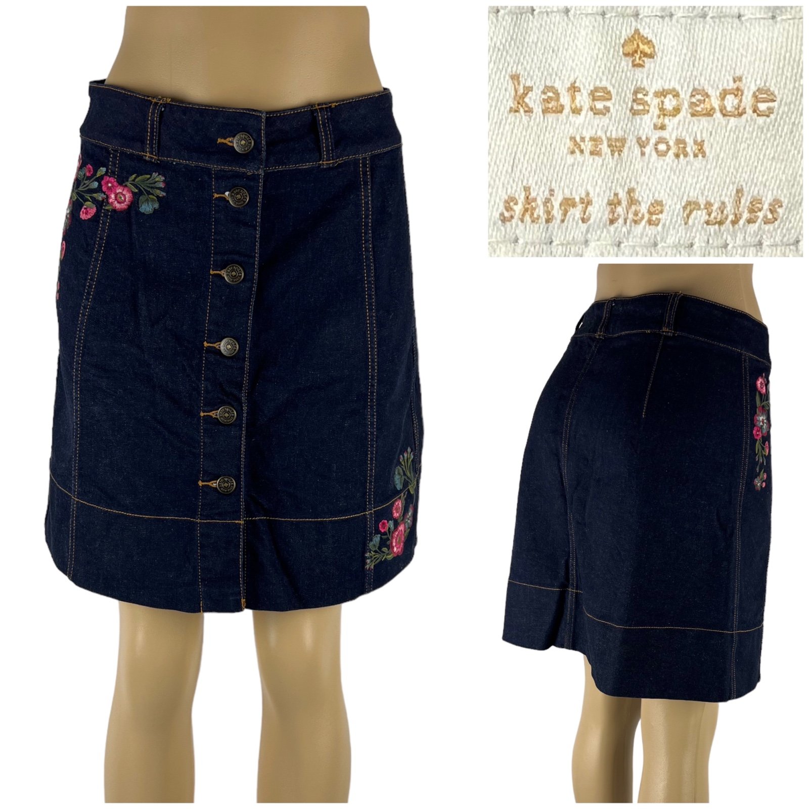 Kate Spade Women 6 Skirt Broome Street Embroidered Denim Floral Cotton Blend EUC