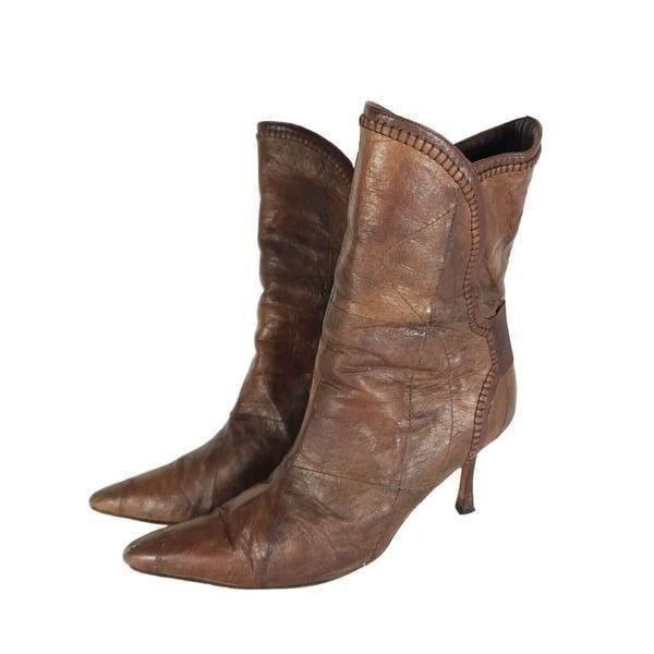 MANOLO BLAHNIK Women's US 9 EU 39,5 Textured Brown Leather Heeled Ankle Boots