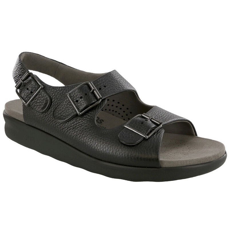 SAS Mens 8.5WW Black Leather Bravo Heel Buckle Strap Sandals Comfort BR18-7