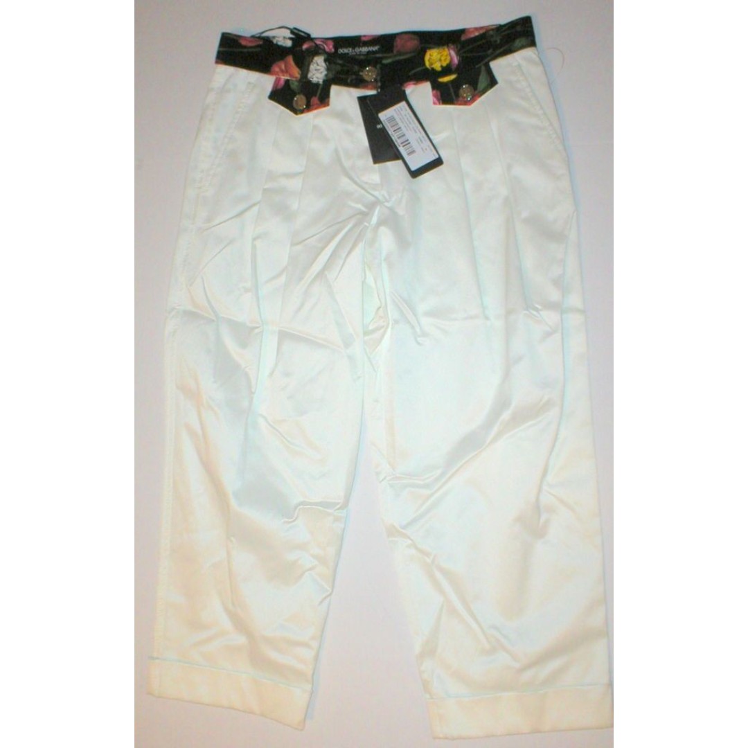 New NWT Designer 2 Womens Dolce & Gabbana White Pants Crop Italy 38 Flowers
