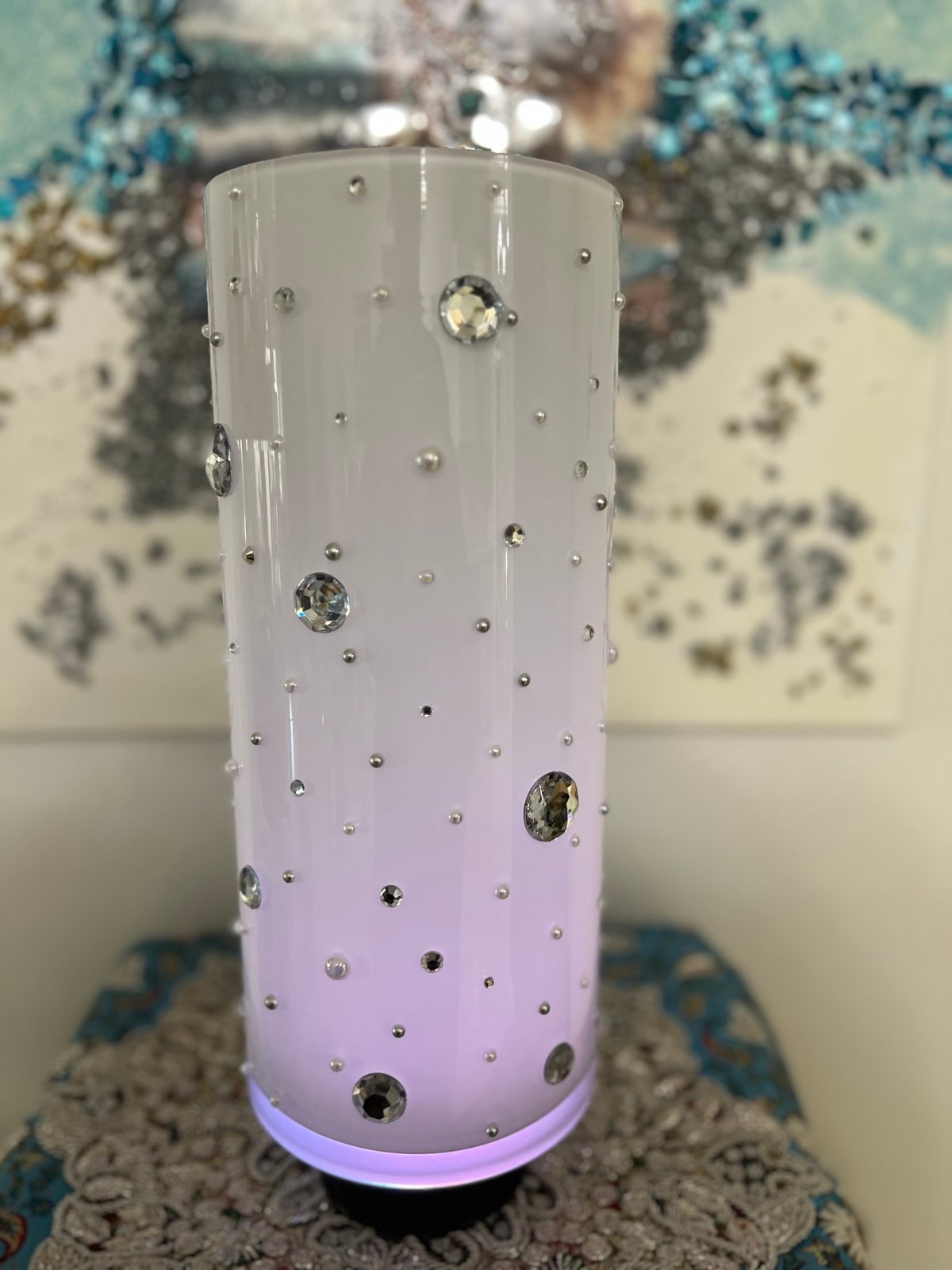 Beautiful vase made out of glass and fancy beads lit up
