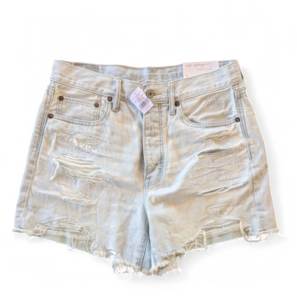 American Eagle 90's Denim Boyfriend Mid Length Ripped Jean Shorts Women's 6 NWT