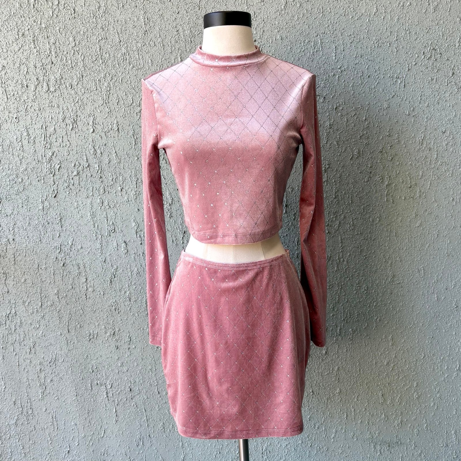 Trixxi Clothing Company Pink Cropped Long Sleeve Shirt Skirt Cute Two Piece Set