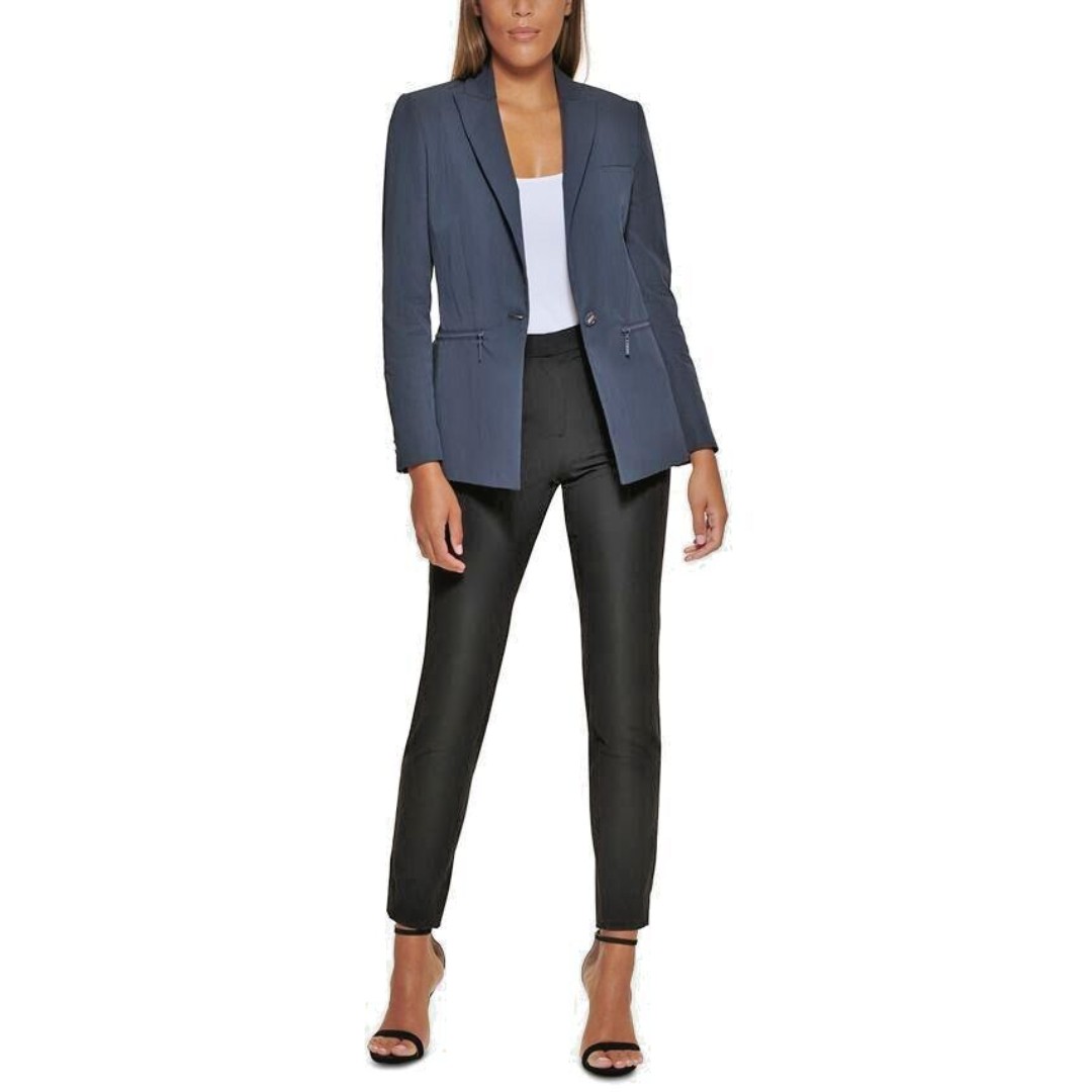 DKNY Women's Petite One-Button Blazer Cotton Zip-Pockets Formal Jacket Navy 2P
