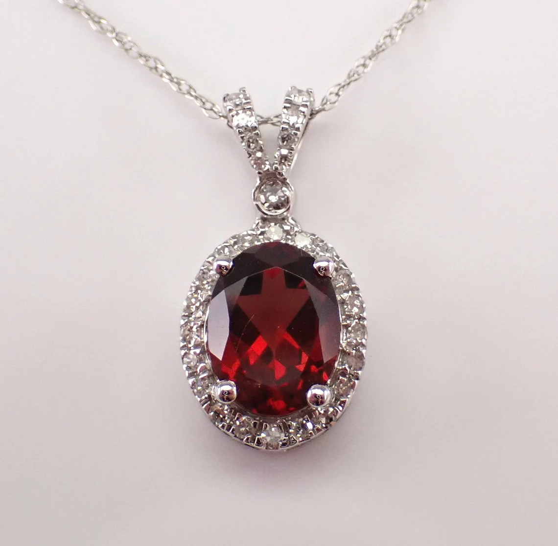 14K White Gold Garnet Necklace - Diamond Halo Pendant and Chain