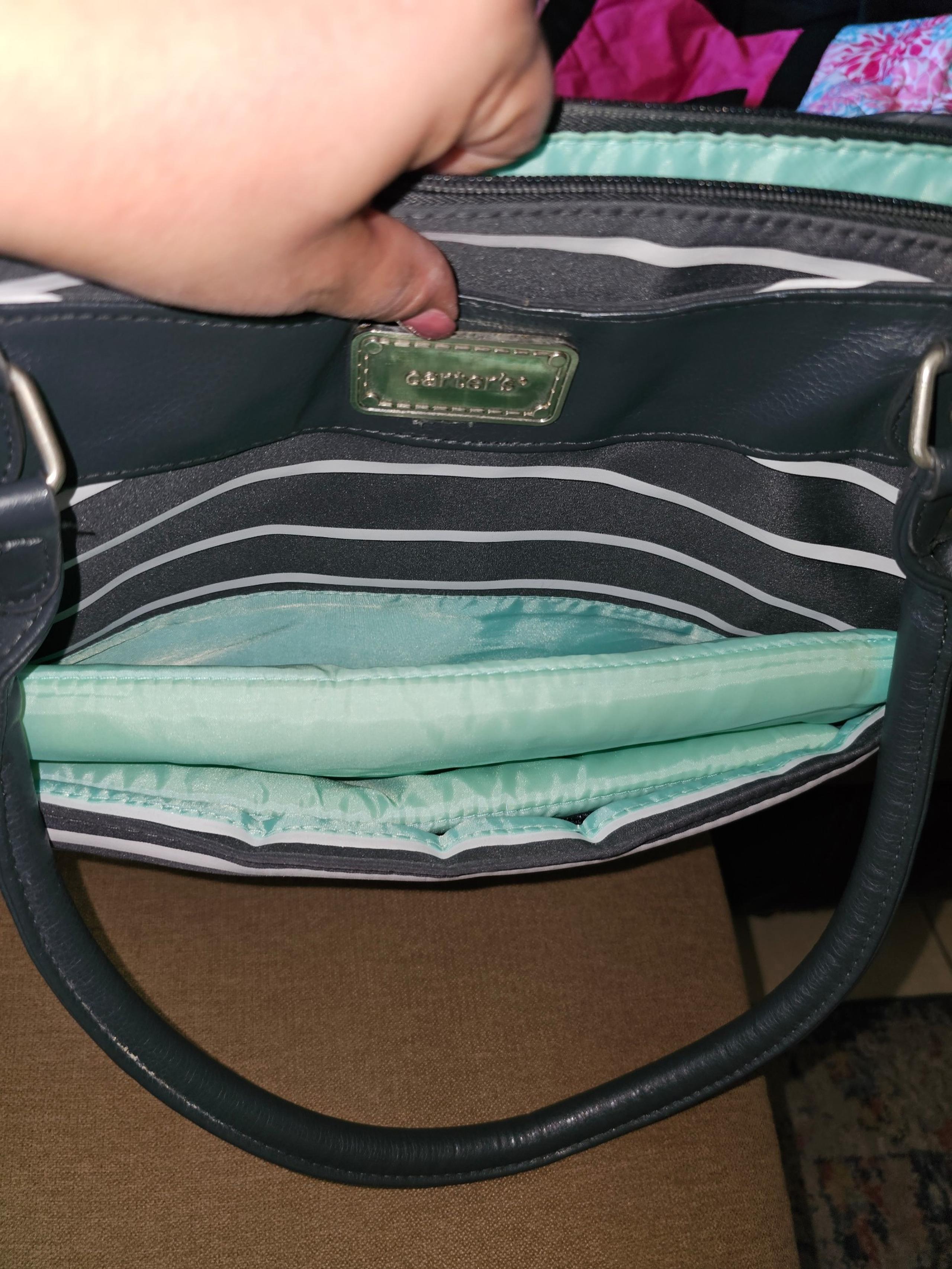 Carter's | Carter's Grey & White Stripe With Teal Inside, Convertible Diaper Bag