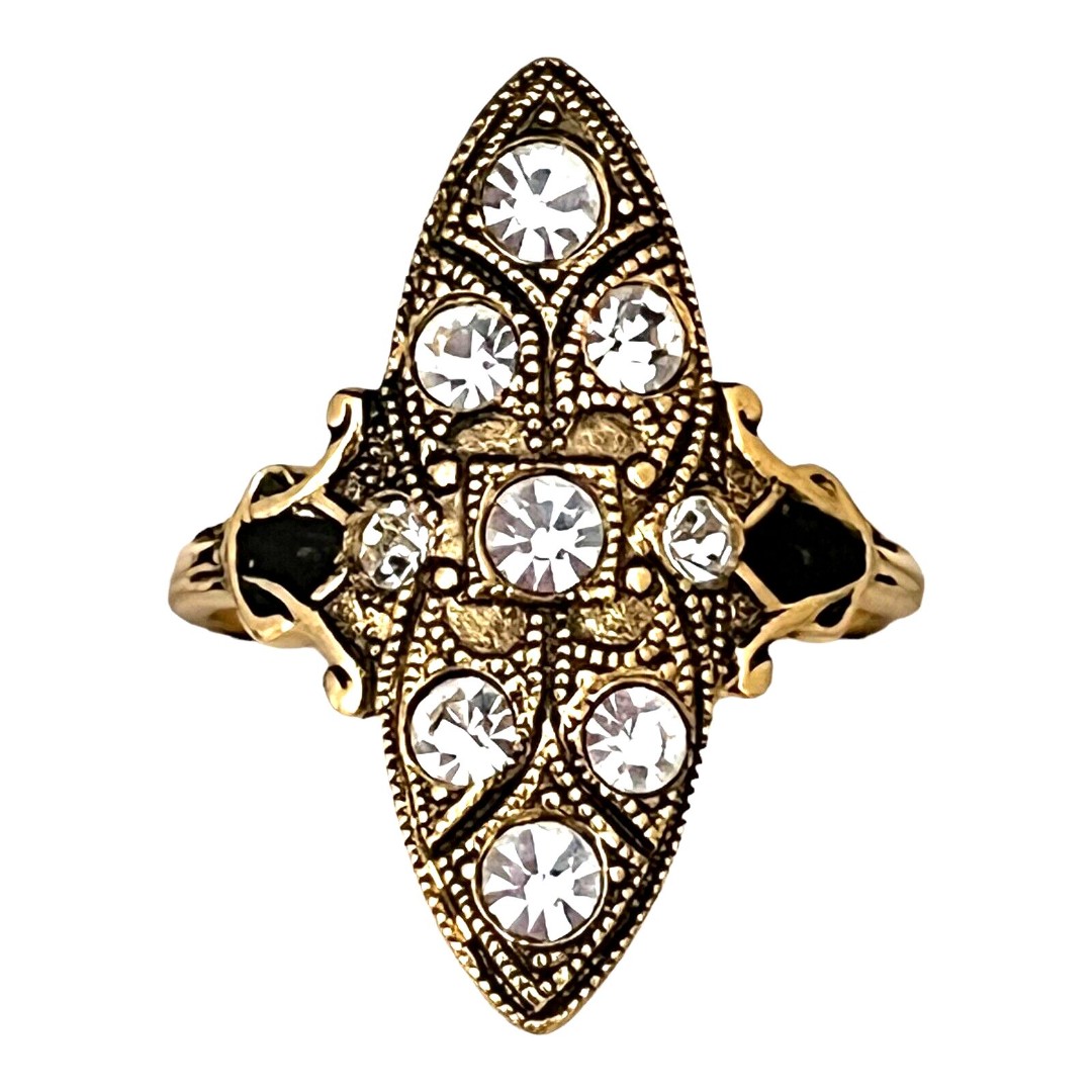 Vintage Ring Size 7 18K Gold Plate Crystals Mid-Century Art Deco Style 4Q