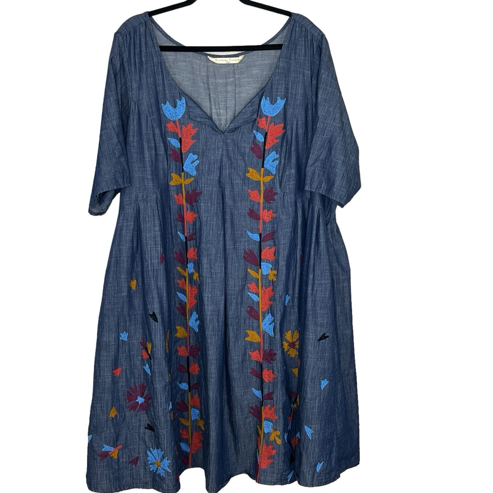 Wayward Fancies Size 4X Embroidered Cotton Chambray Blue Dress Short Sleeve
