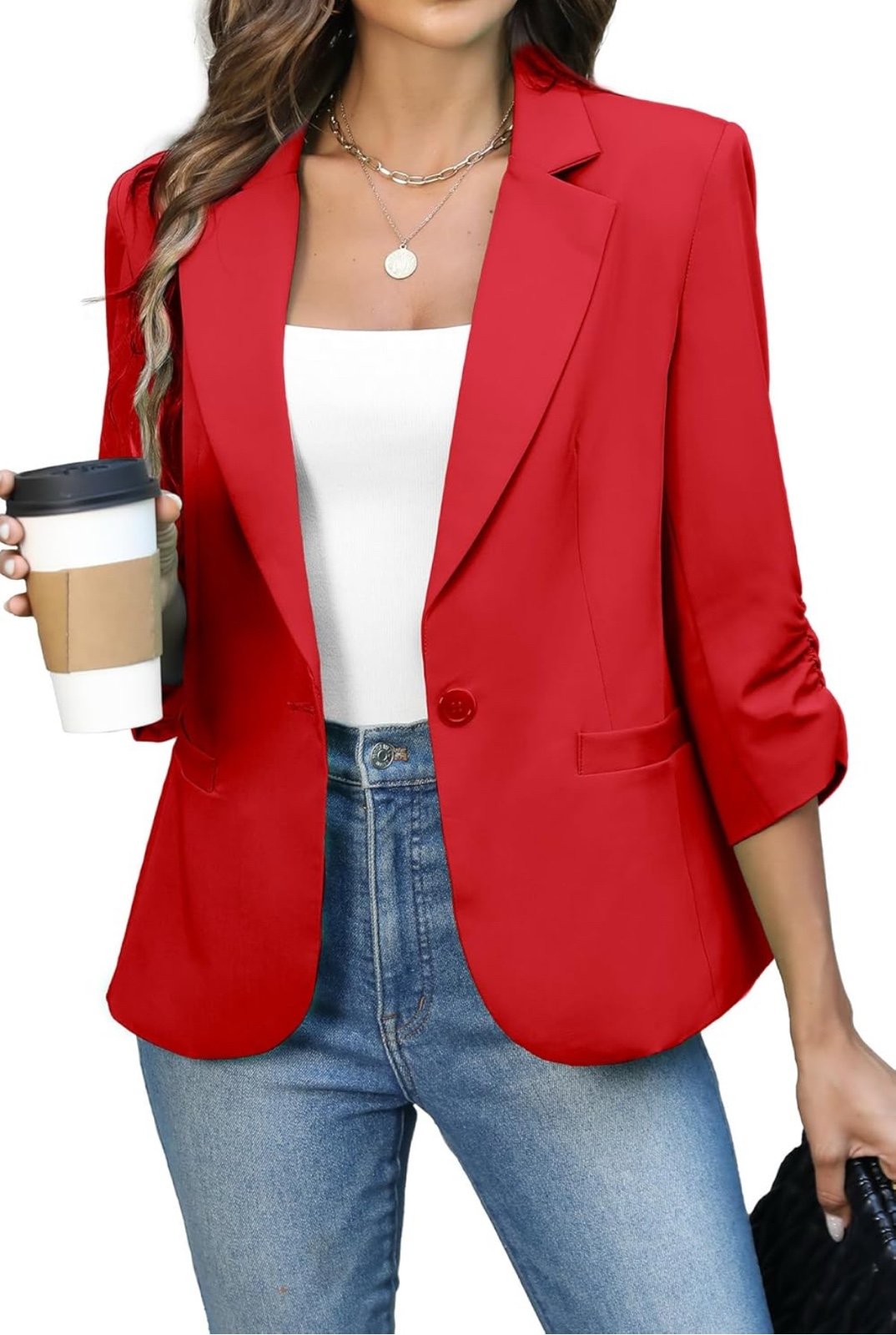 ELLEVEN Ruched 3/4 Sleeve Blazers Lightweight Slim Fit Jacket Padded Shoulder