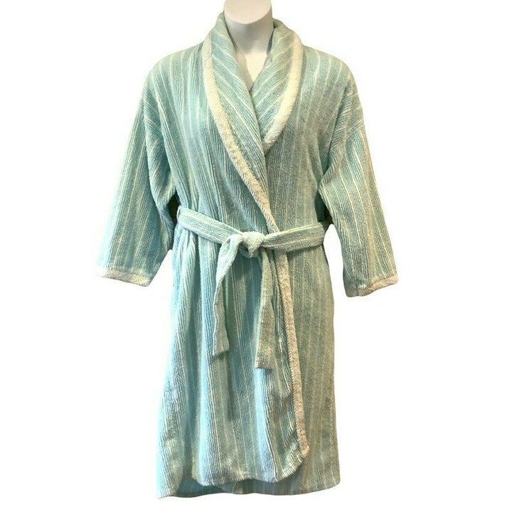 Victorias Secret Gold Label Chenille Robe Size Large Blue White Stripe 80s USA
