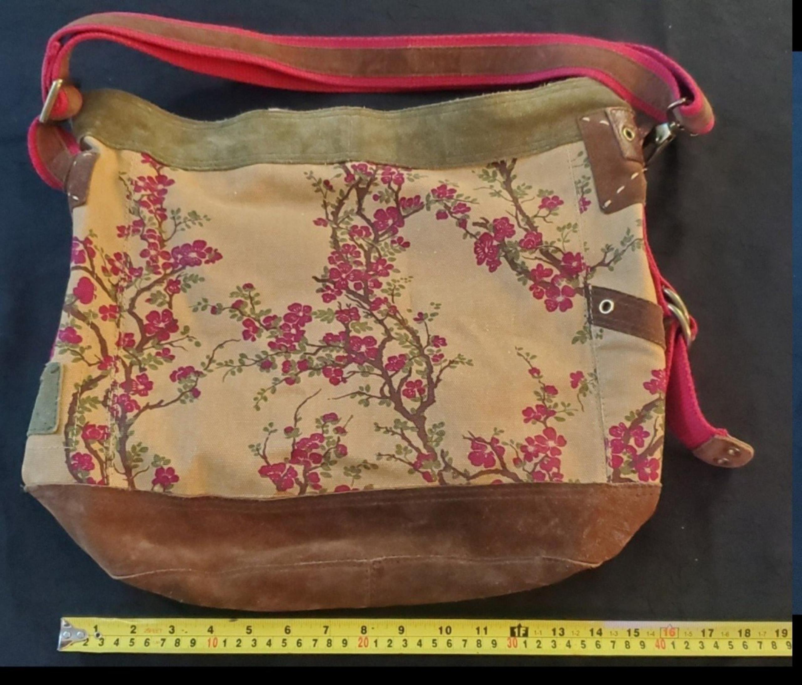 LUCKY BRAND Tote Bag Cherry Blossom Floral Canvas RARE Suede Crossbody Zip boho