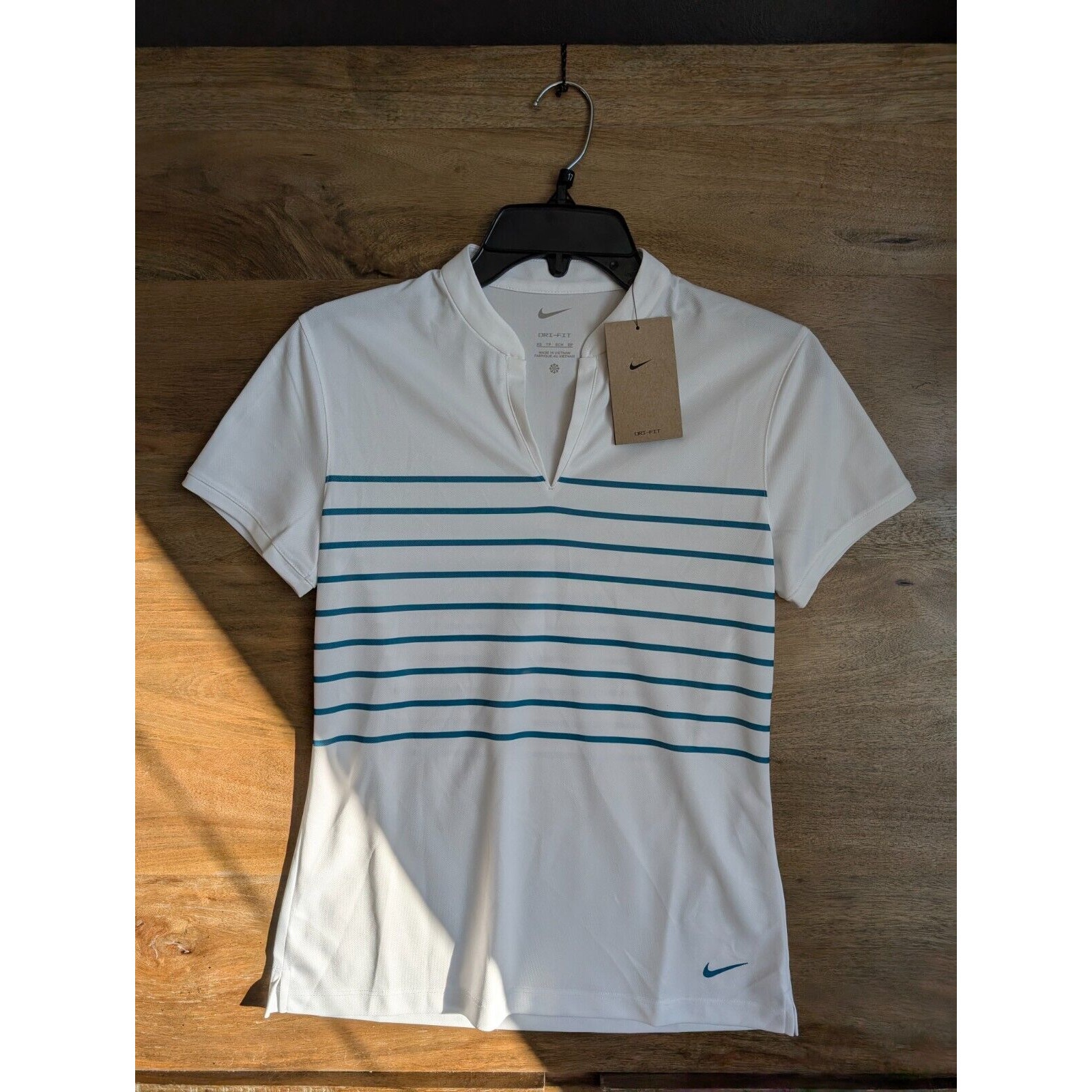 Nike Golf Polo Shirt Womens XS White Striped Dri Fit Victory Short Sleeve Logo