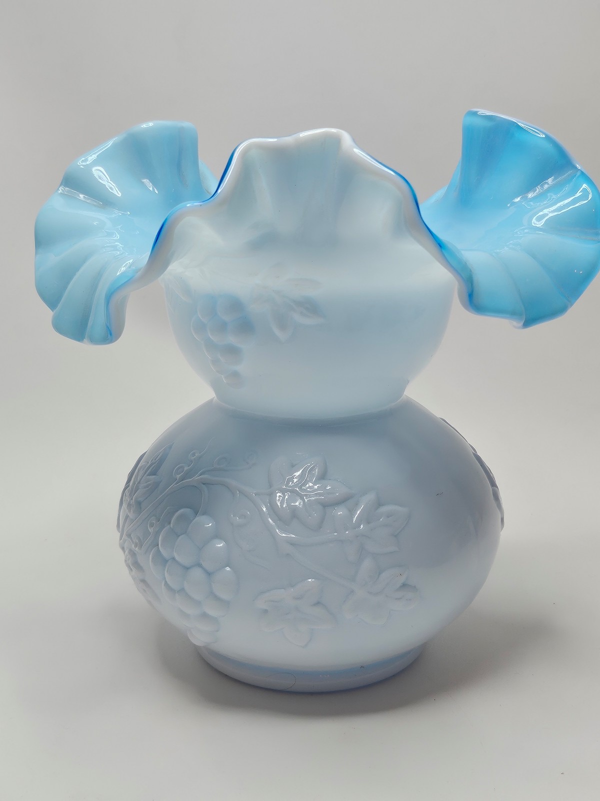 Kanawah Cased Milk Glass On Blue Double Ruffled Vase Grapes And Leaves Pattern