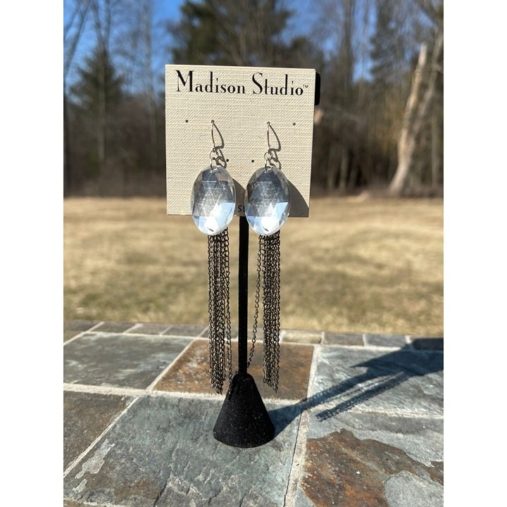 Vtg Sterling Silver Jewelry Pierced Dangle Oval Faceted Earrings MADISON STUDIO