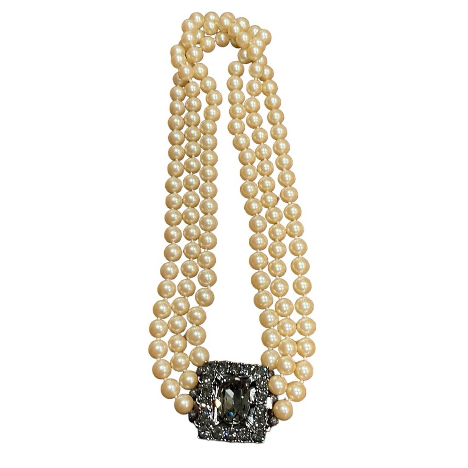 Vintage Triple Strand Pearl and Rhinestone Brooch Necklace