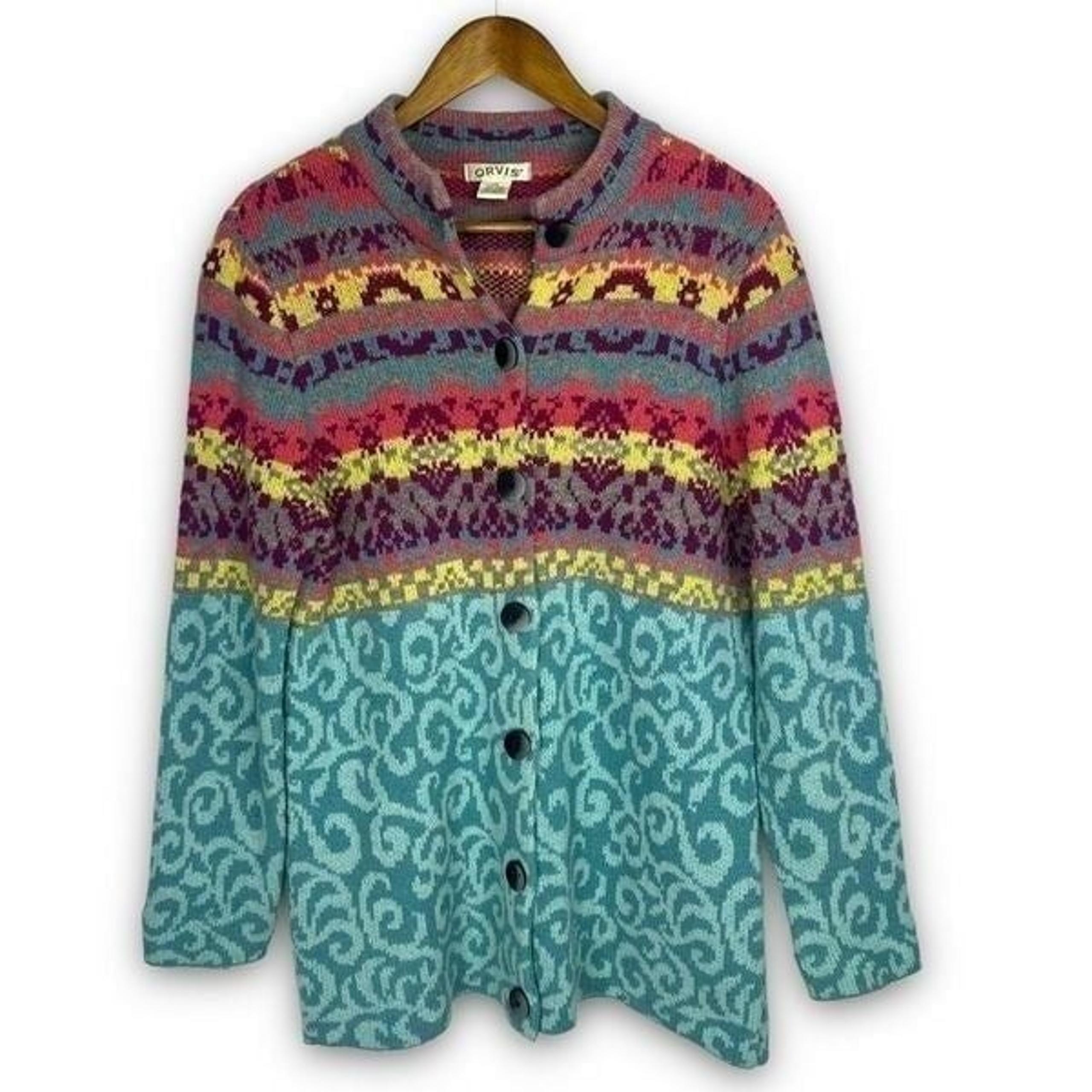 Orvis Women's Multicolor Blue Abstract Wool Blend Button Cardigan Sweater Medium