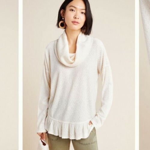Anthropologie Maeve Womens S Cream Addie Hacci Cowl Neck Pullover Sweater Ruffle