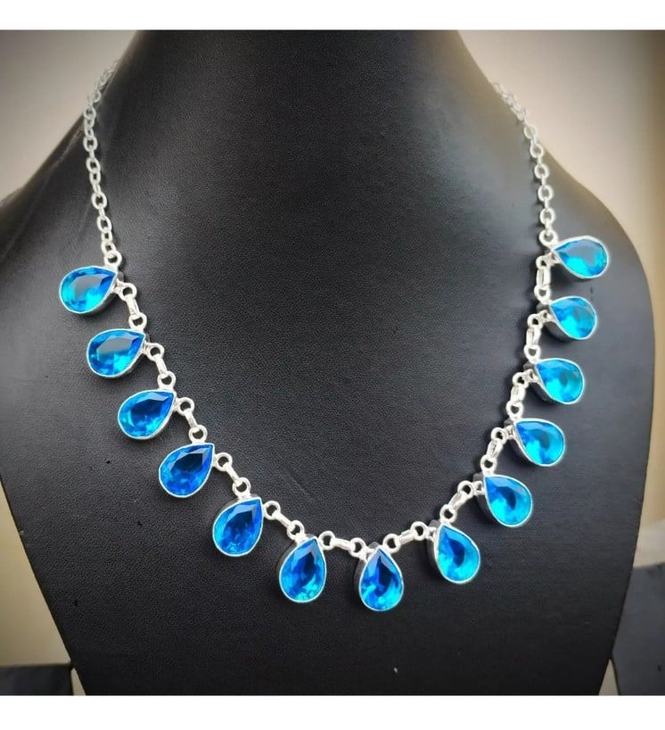 925 Sterling Silver Swiss Blue Topaz Gemstone Handmade Jewelry statemen Necklace