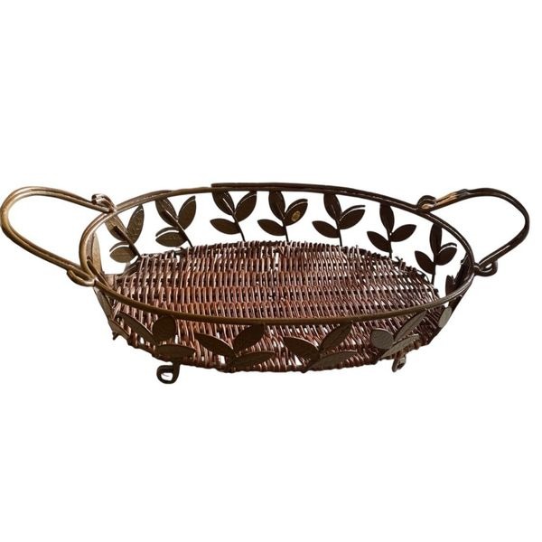 Vintage Oval Bronze & Wicker Leaf Basket, Twig, and Metal Basked with Handles